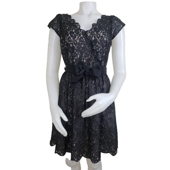 Elle New Years Eve Dress Womens Sz 4 Black Shimmer Lace Overlay Party Belted - Picture 1 of 11